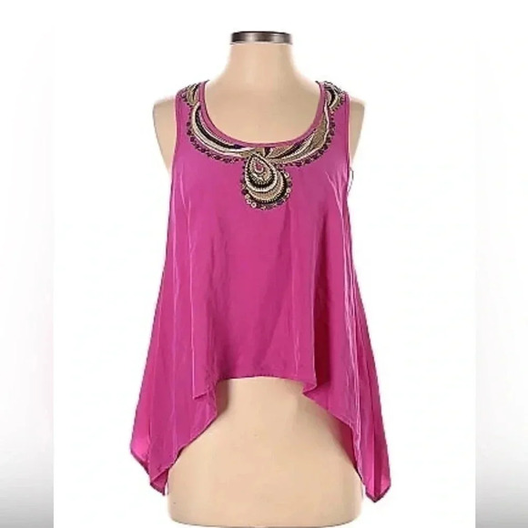 Trina Turk 100% silk hot pink racer back flowy top sequin embellished neckline - Picture 1 of 10